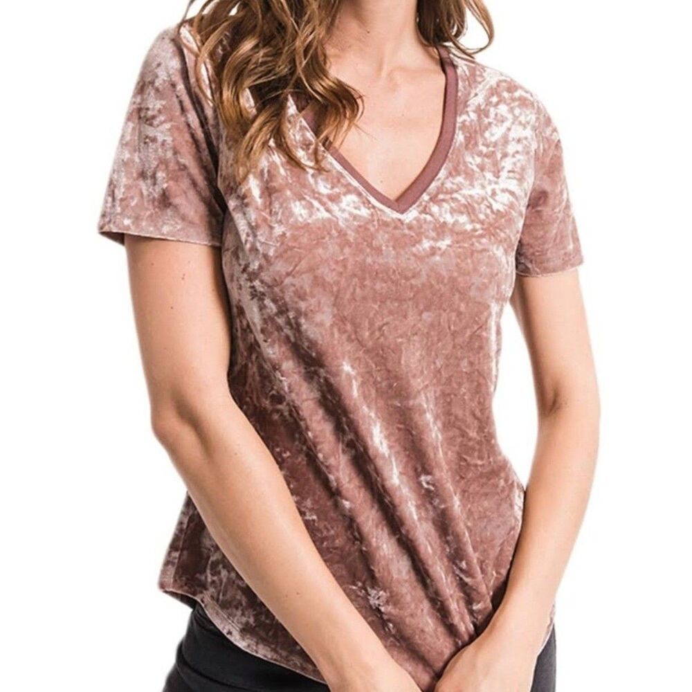 Z Supply Crushed Velvet V-Neck Tee T-Shirt Top Blouse Tan Mauve S